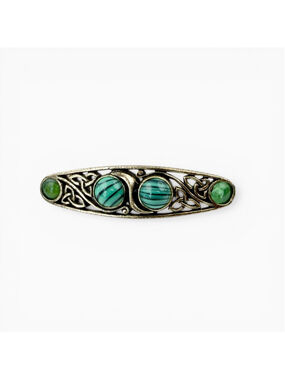 Vintage Celtic Trinity Knot Brooch Green Uranium Glass Cabochon Bar Pin Irish